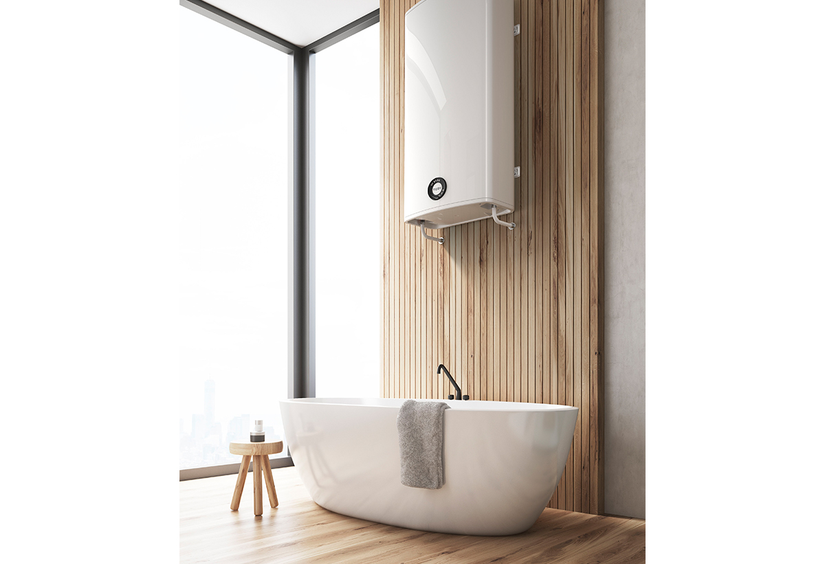 Απεικονίζει τον θερμοσίφωνα μέσα σε ένα μπάνιο